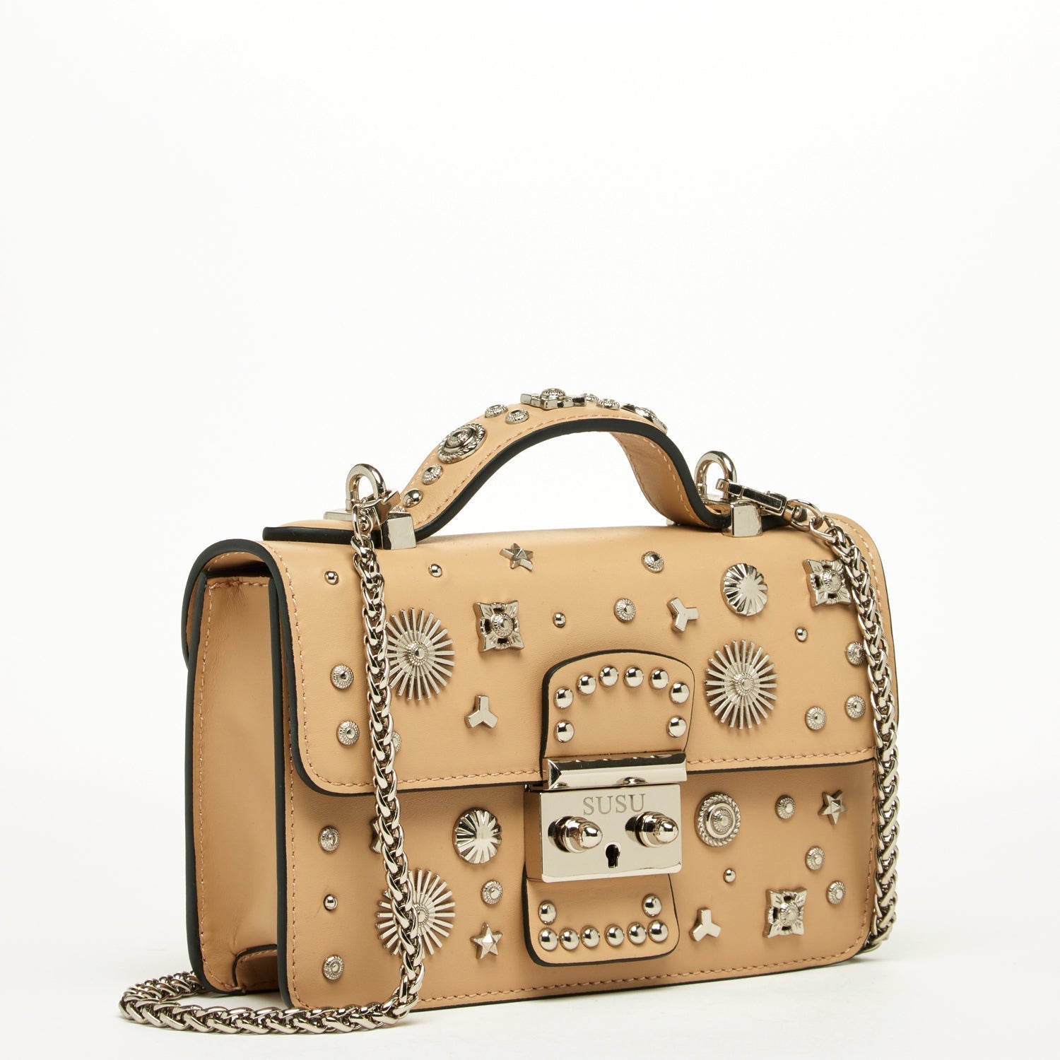 SUSU Small Leather Crossbody Bag Studded Dark Beige Tan Purse  Women's Amethyst Mnemosyne