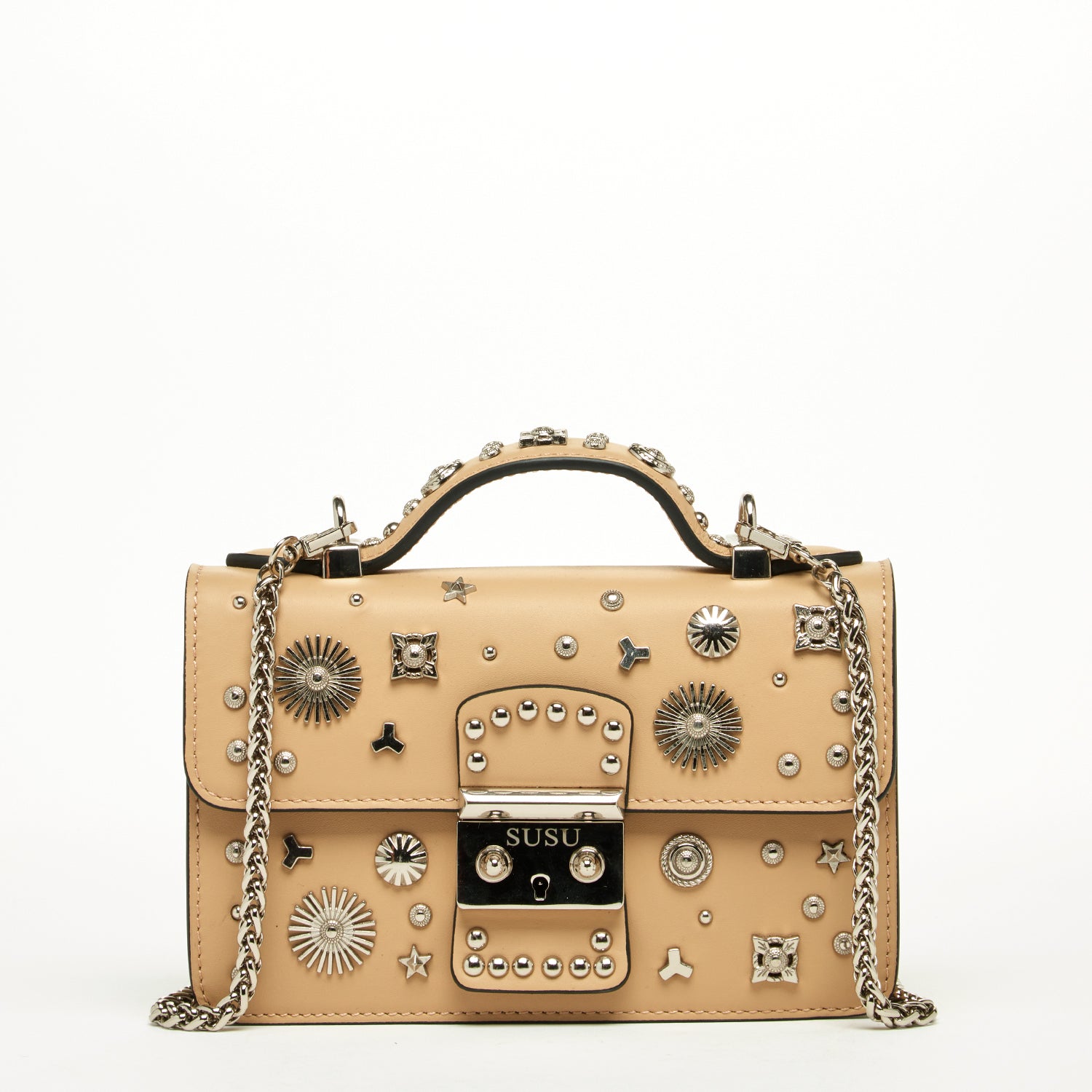 SUSU Small Leather Crossbody Bag Studded Dark Beige Tan Purse  Women's Amethyst Mnemosyne