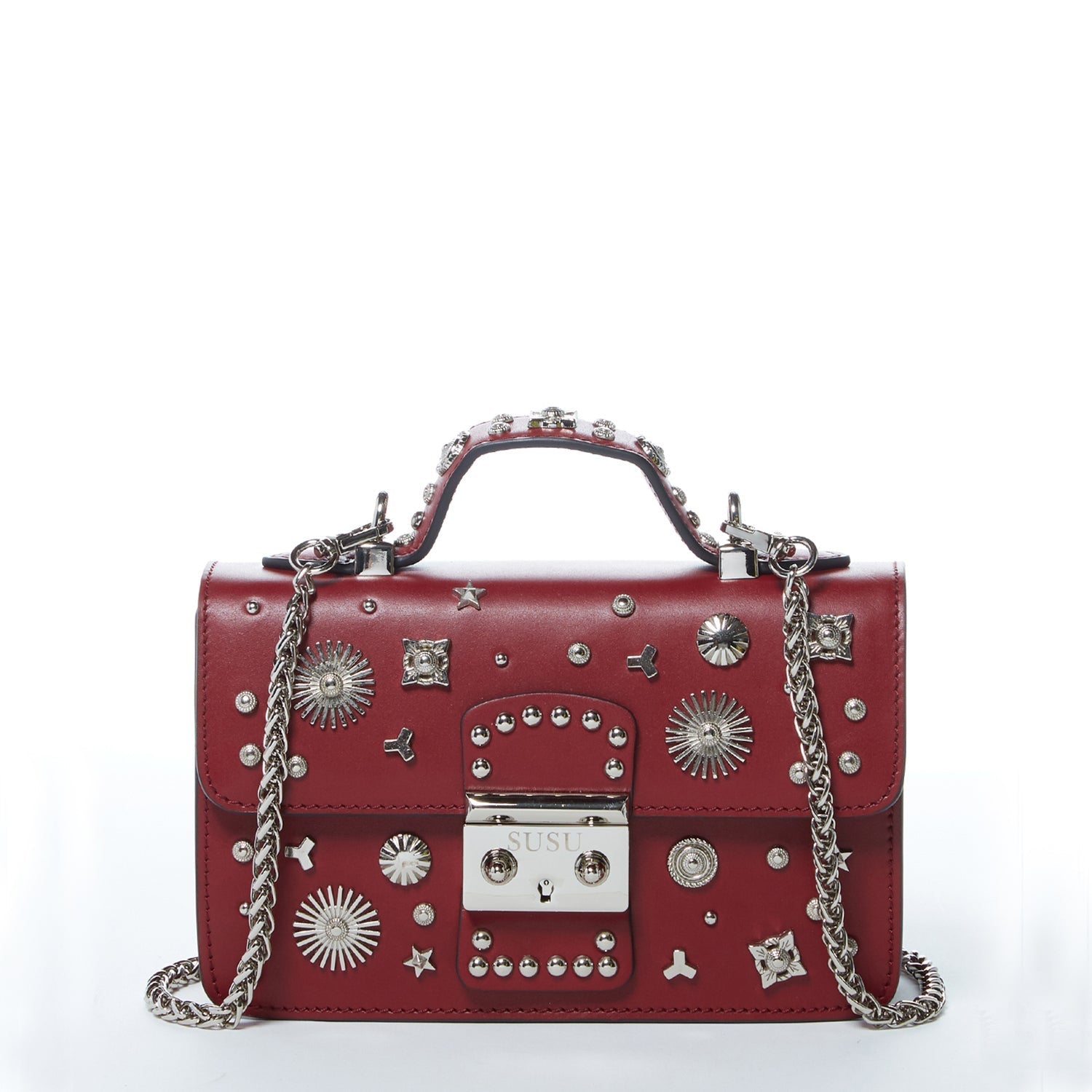 SUSU Studded Small Leather Crossbody Bag Burgundy Purse  Women's Amethyst Mnemosyne