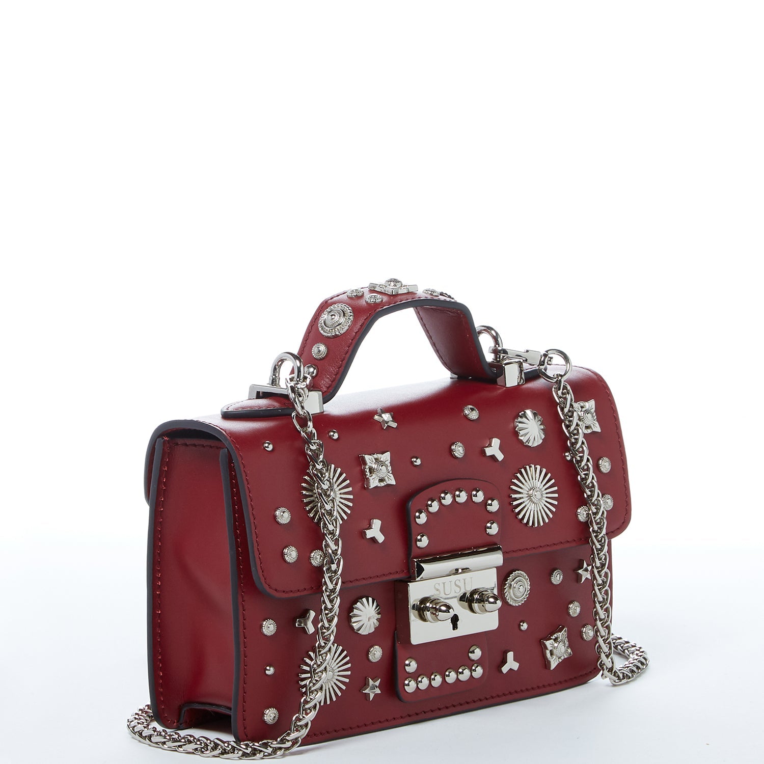 SUSU Studded Small Leather Crossbody Bag Burgundy Purse  Women's Amethyst Mnemosyne