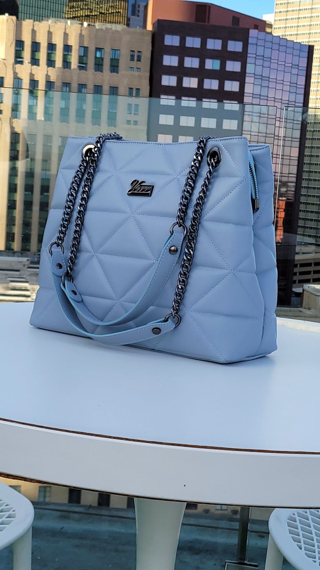 YbY Baby Blue Quilted Tote Bag Lilac Missy
